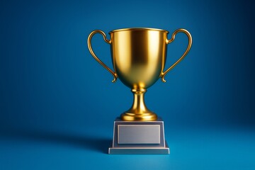 Poster - Golden trophy cup with blank nameplate on clean blue background for business concept or award promotion template mockup banner design.