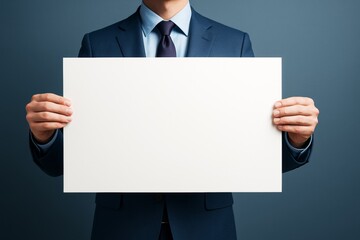 Poster - Businessman in suit holding blank white poster for copyspace on clean blue background, ideal for advertising, branding or promotional mockup template.