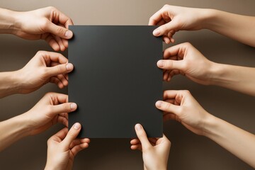Poster - Multiple hands holding a blank black square sheet on neutral background, perfect for business mockup or copyspace presentation concept.