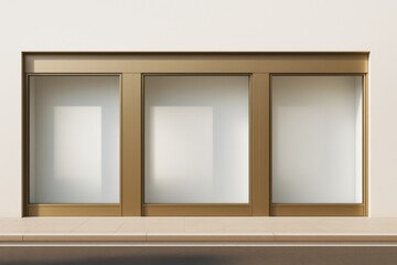 Poster - Empty storefront with golden frame and frosted glass windows on clean sidewalk, perfect for poster mockup, branding, or business advertising template.