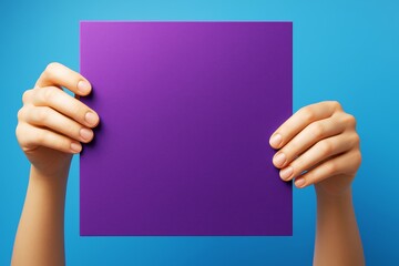 Poster - Hands holding blank purple square with clean copyspace on light blue background for creative business mockup or branding concept template use.