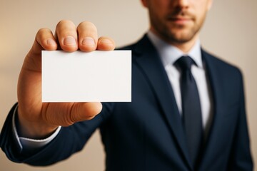 Poster - Businessman in suit holding blank white business card for branding or promotion on light background, close-up mockup for design or advertising.