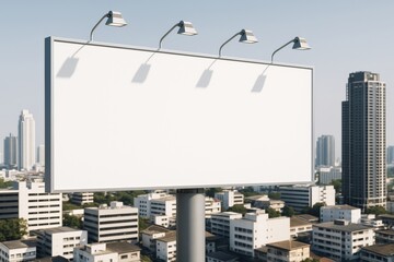 Poster - Blank outdoor billboard with lamps on rooftop in cityscape background under clear sky for advertising, marketing or branding mockup template design.