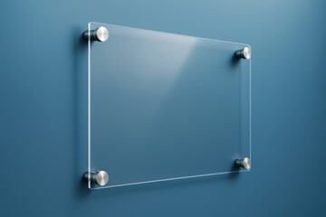 Poster - Transparent glass sign mockup mounted on blue wall with metallic holders for business promotion or branding template concept design background.