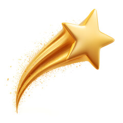 Poster - Glowing golden shooting star in cartoon plastic design, smooth 3D shape with sparkling trail on white background, symbol for dreams, rewards, sky themes or good luck creative visuals