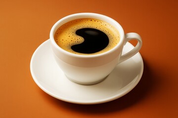 Poster - White cup of espresso with creative foam shape on orange background, showcasing artistic drink presentation with modern light and clean style.