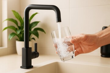 Poster - Hand filling clear glass with fresh sparkling water from modern black faucet in kitchen with warm light and plant in background. Ai generative.