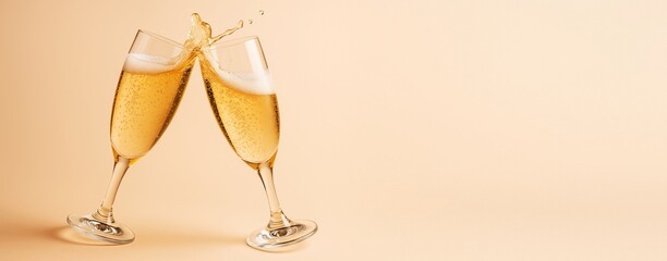 Aufkleber - Two champagne glasses clinking with splash on light beige background with copy space for celebration or promotion template concept.