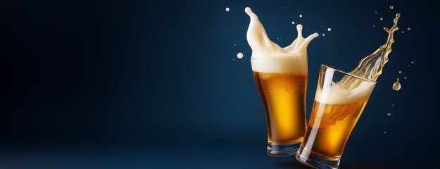 Aufkleber - Two beer glasses clinking with dynamic splashes and foam against a dark blue background with copyspace on the left for design or advertising template.