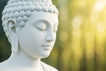 Poster - White Buddha statue in peaceful expression with soft abstract golden light background in tranquil nature scene, calming spiritual symbolism focus.
