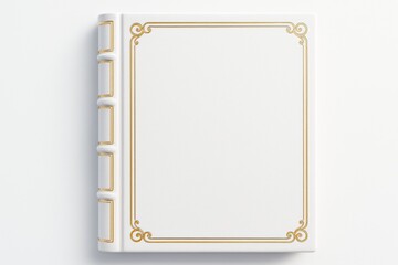 Poster - Elegant white book with gold embossed vintage frame on cover and spine placed on clean white background for branding or design mockup purposes.
