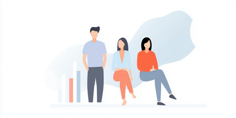Poster - Group of three diverse individuals sitting together with a background of abstract shapes and a bar graph representing teamwork and collaboration concept