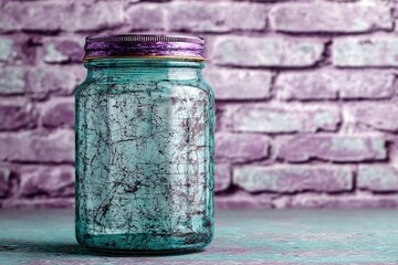 Poster - Colorful glass jar placed against a purple brick backdrop showcasing unique texture and vintage charm in a well-lit environment