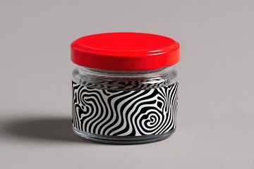 Poster - Unique glass jar with black and white wavy pattern and vibrant red lid on a neutral background