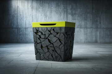 Poster - Modern trash can design made from textured black material with bright green lid set against a concrete backdrop in a minimalist interior