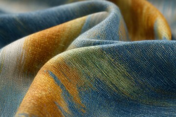 Poster - Close-up view of a textured fabric with vibrant blue and orange colors showcasing intricate patterns and details