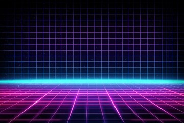Fototapete - Neon grid with vibrant colors illuminated against a dark background conveying a retro futuristic atmosphere