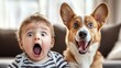 © pakawan - Unique expressions of surprise from a baby and his beloved dog.