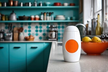 Poster - Modern kitchen with colorful decor showcasing a stylish container on the counter