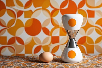 Poster - Decorative hourglass and egg on a textile with retro patterns in warm tones in a modern kitchen setting