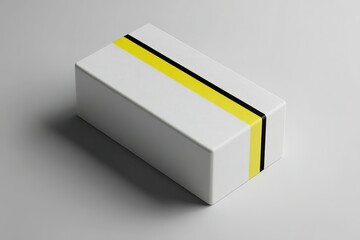 Poster - Minimalist white box with yellow and black stripes displayed on a neutral background