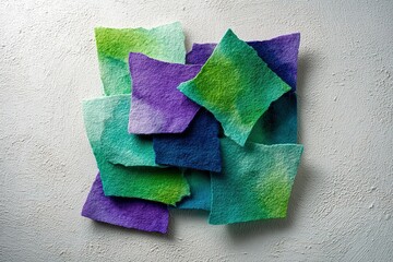 Poster - Colorful felt pieces arranged on a textured surface showcasing a gradient of greens and purples in a creative display