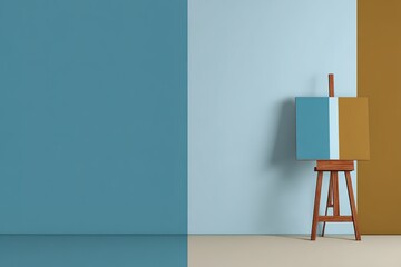 Poster - Abstract art setup with colored walls and easel in a modern studio environment
