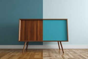 Poster - Stylish wooden cabinet with blue accent against a two-tone wall in a modern living space