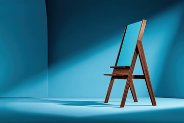 Poster - Modern wooden easel stands against a blue backdrop illuminating the unique design and craftsmanship of the piece in a minimalist setting