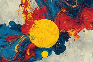 Fototapete - Bright yellow circle contrasts with vibrant red and blue swirls in an abstract artistic design
