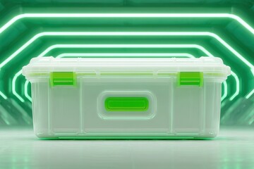 Poster - Transparent storage box with green accents in a neon-lit environment showcasing modern design elements