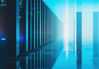 Fototapete - Sleek server room with futuristic blue lighting and mirrored reflections, ideal for cloud computing, modern IT infrastructure, and secure data technology visualizations