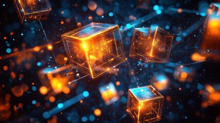 Poster - Floating golden cubes, networked, glow amidst blue and orange bokeh dots. Use to show blockchain, data, technology, connectivity, and innovation.