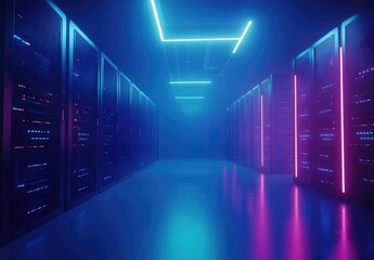 Leinwandbilder - Modern data center interior with glowing blue and pink lights illuminating server racks, ideal for technology, IT infrastructure, cybersecurity, or cloud storage themes