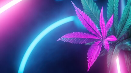 Poster - Abstract illustration of glowing cannabis leaf in pink and teal neon style