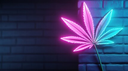 Poster - Abstract illustration of glowing cannabis leaf in pink and teal neon style