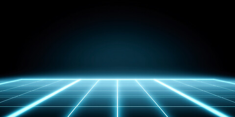 Poster - Futuristic glowing grid floor with neon blue lines against a dark background, ideal for technology, gaming, or virtual reality concepts