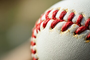 Aufkleber - Close-up of a baseball with red stitching on a blurred background.