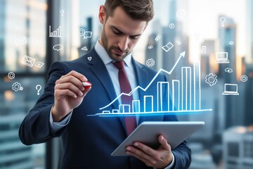 Poster - Businessman analyzing data concept with digital growth chart.