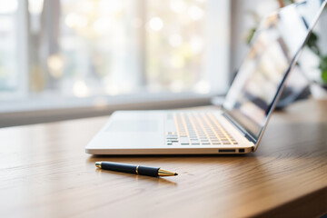 Poster - Laptop and pen on wooden desk in bright office background.