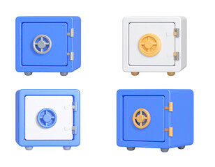 Poster - Four stylized 3D safes, blue and white, various color schemes