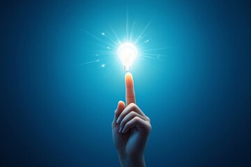 Poster - Hand touching glowing light bulb symbolizing creative idea on blue background.