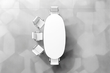 Poster - Minimalist business meeting table with white chairs in bright office space.