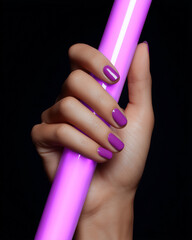 Aufkleber - Woman hand holding neon lamp with trendy purple nails