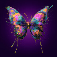 Poster - Colorful butterfly with dripping paint effect on purple background