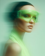 Leinwandbilder - Futuristic woman wearing green glasses and scarf with motion blur effect