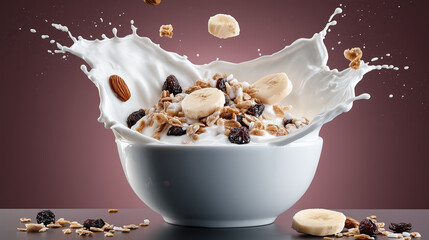 Poster - Milk splashing into bowl of muesli, banana, raisins, and almonds