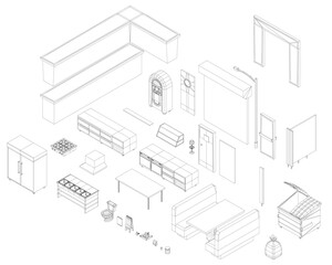 Poster - A drawing of a room with a couch, table, and chairs. The couch is missing a cushion. Isometric view. 3D