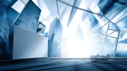 Poster - Business professional sitting in a chair in a modern city setting with urban background