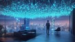 © Eva - Man in penthouse overlooking futuristic city at night.